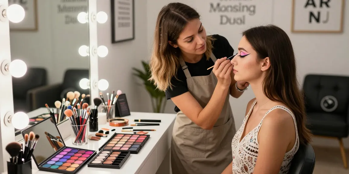 Application of an eyeliner stencil in a vibrant beauty studio, showcasing makeup artistry.