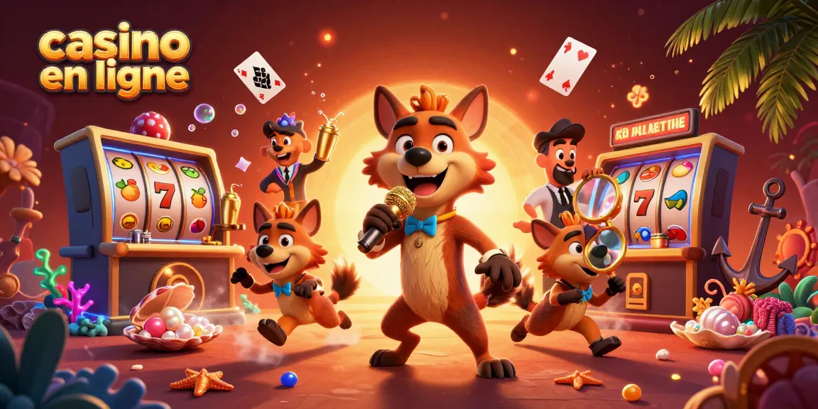 Jouez au casino en ligne avec humour, un comédien et des personnages amusants dans une illustration captivante.