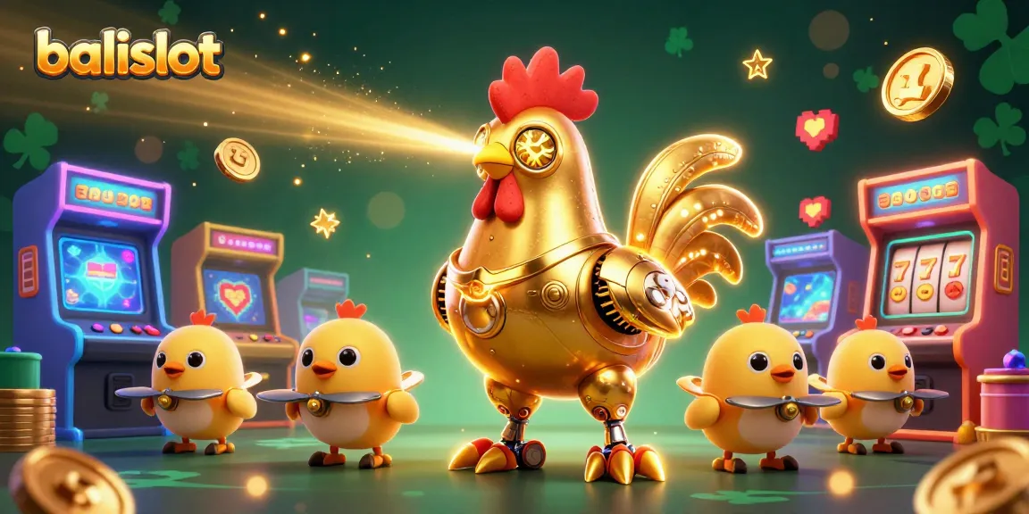 Menangkan permainan di balislot dengan simbol slot dan robot ayam emas futuristik yang menyemprotkan cahaya.