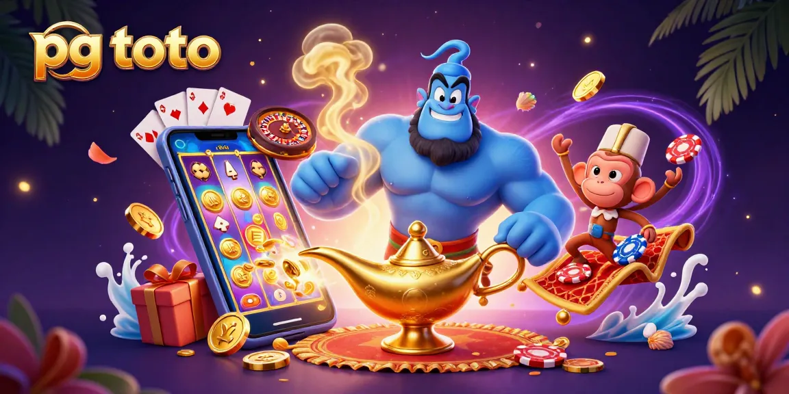 Mengakses pg toto untuk bermain slot gacor dengan genie dan koin emas memancar, menciptakan suasana kasino magis.