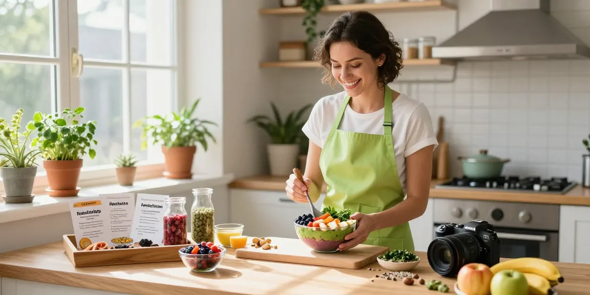 Bright kitchen scene with a nutritionist preparing healthy smoothie bowls, showcasing vibrant fruits and a focus on health.