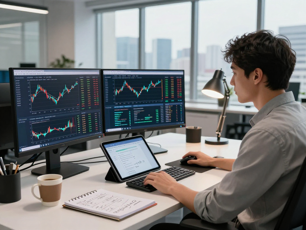 Real-time quantitative trading data feed displayed on multiple monitors in a modern fintech office, showcasing innovation.