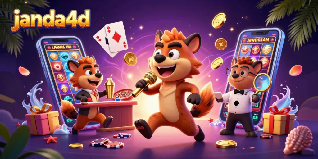 Permainan janda4d dengan slot dan hadiah emas di kasino yang meriah dan penuh energi.