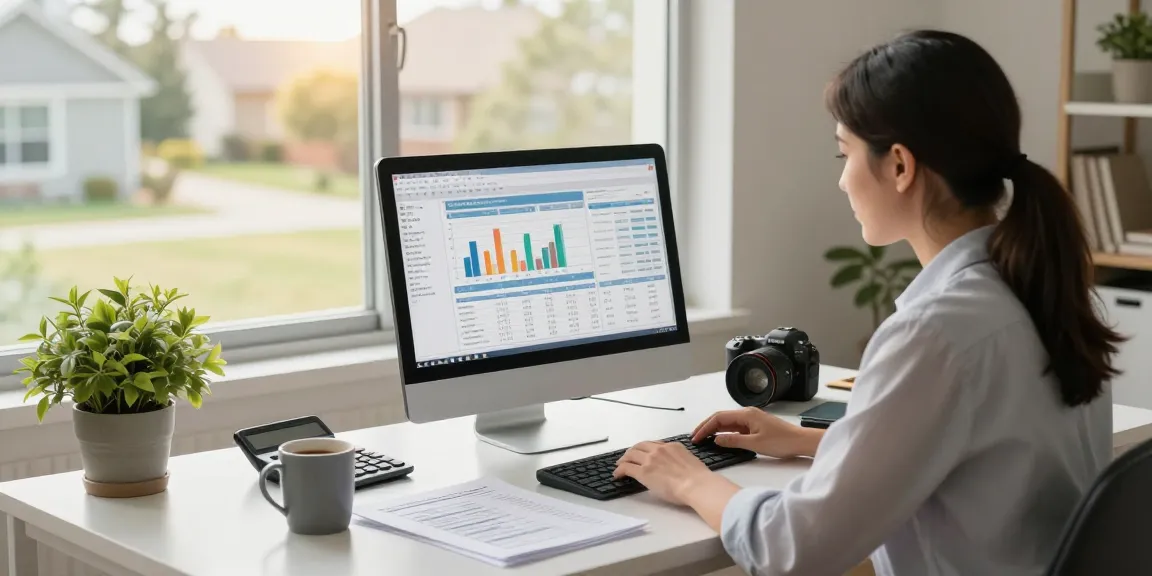 Accountant managing rental property accounting with financial software and organized documents in home office.