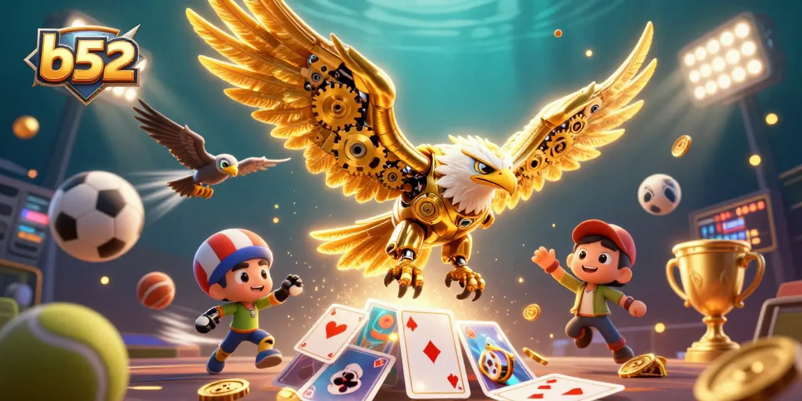 B52 elevates your casino experience with a vibrant 3D scene showcasing a cybernetic golden eagle amidst dynamic gaming elements.
