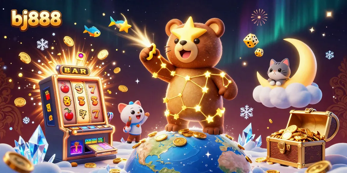 Experience the thrill of bj888 with colorful casino games amid gold and cosmic elements.