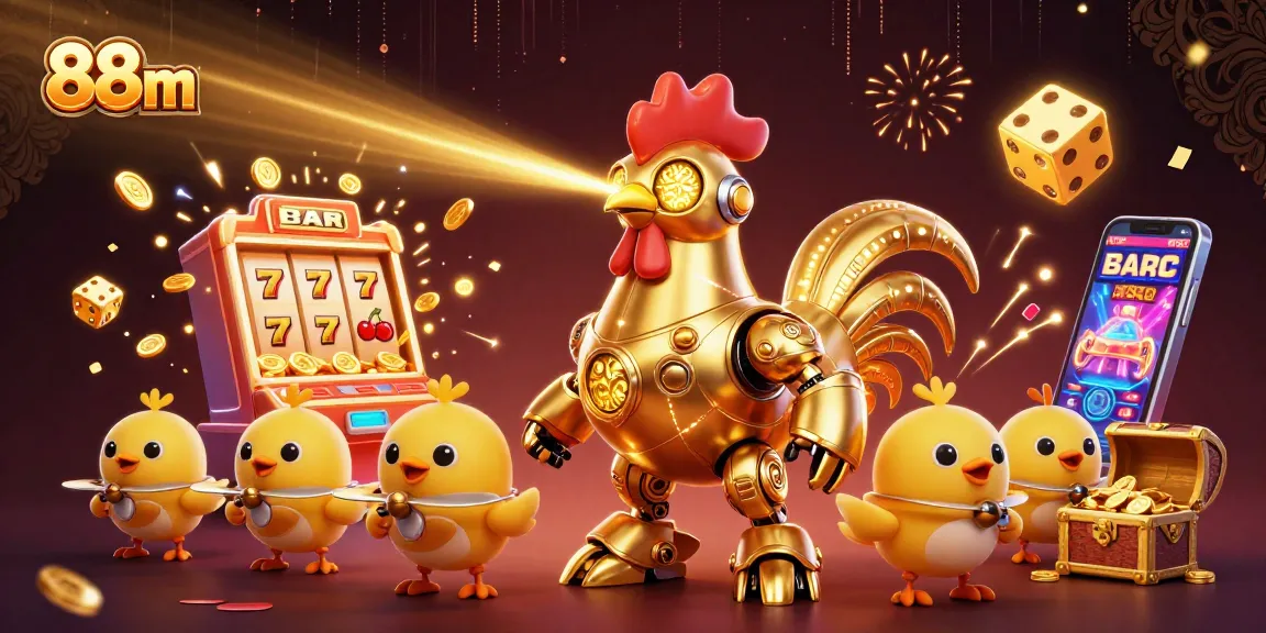 Experience 88m's exhilarating jackpot excitement with a golden rooster robot and its baby chick drones.
