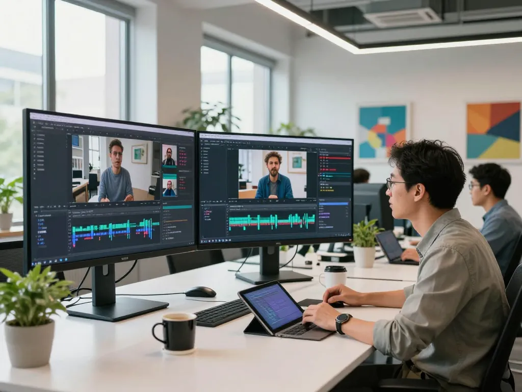 AI specialist using video to prompt ai generator in a modern tech office.