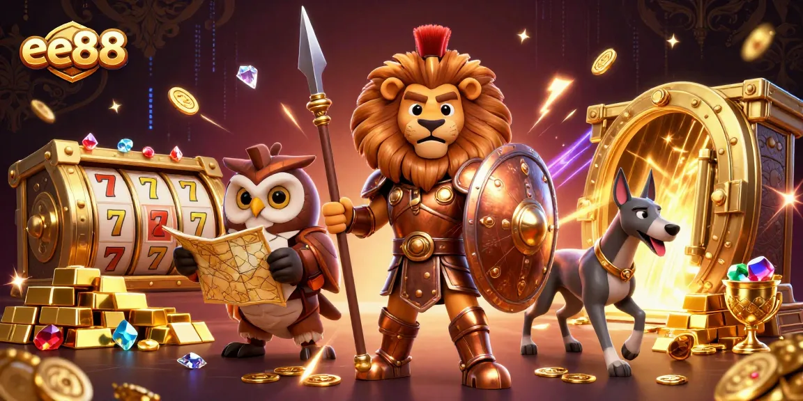 Experience thrilling slots action with ee88 featuring a Spartan lion, treasure vaults, and vibrant casino elements.