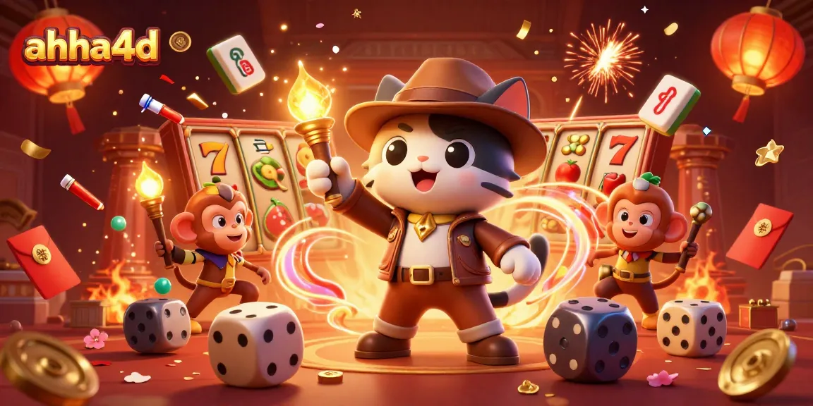 Engage with ahha4d's thrilling casino adventure featuring an archaeologist cat and monkey amidst slot reels.