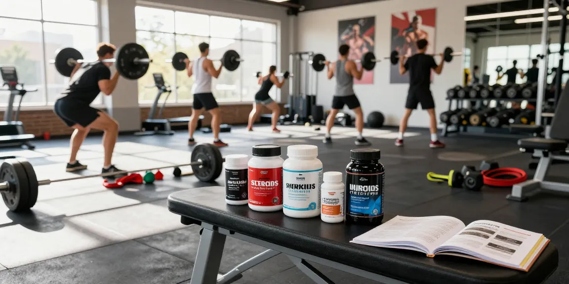 Active gym setting showcasing Unique Pharma Steroids products amidst weightlifting and cardio routines, energizing atmosphere.