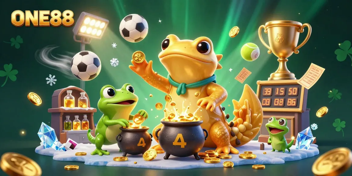 ONE88's spectacular sports betting scene with gold coins and dynamic sports elements.