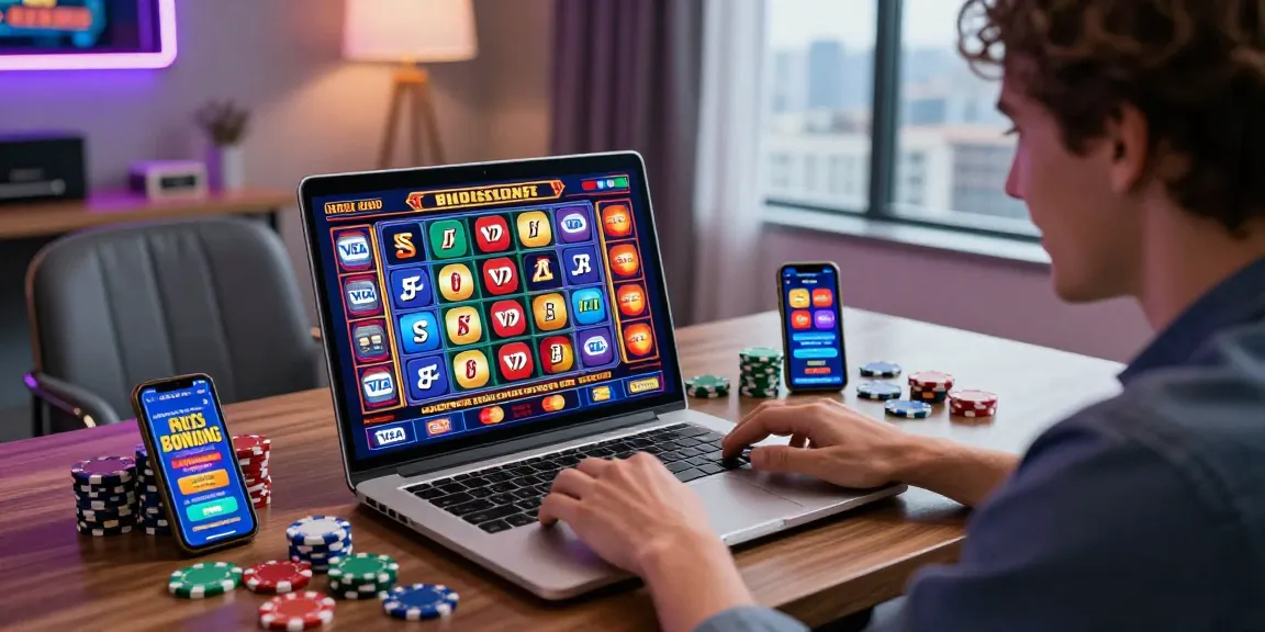 Player enjoying online slots at casinos that accept credit card with vibrant graphics and bonus promotions in a modern home office.