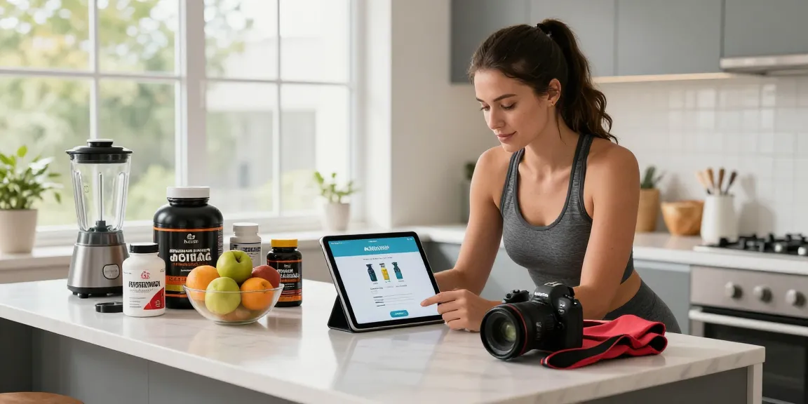 Healthy lifestyle model shopping on Astera Shop for performance supplements, bright kitchen setting with fitness gear.