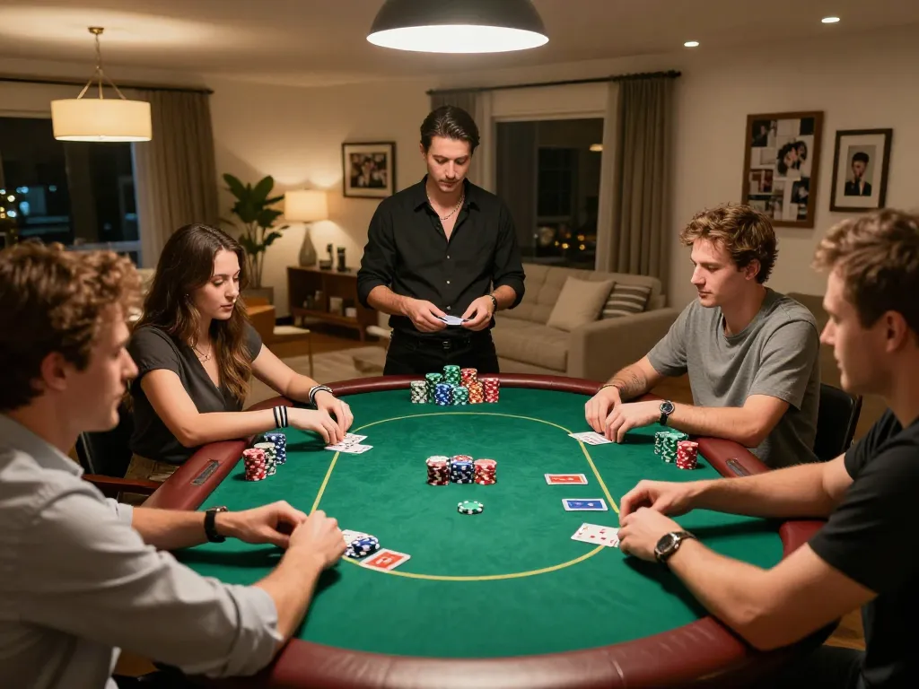 Friends enjoying a thrilling poker game at home featuring 888top, vibrant poker chips, and dynamic gameplay.