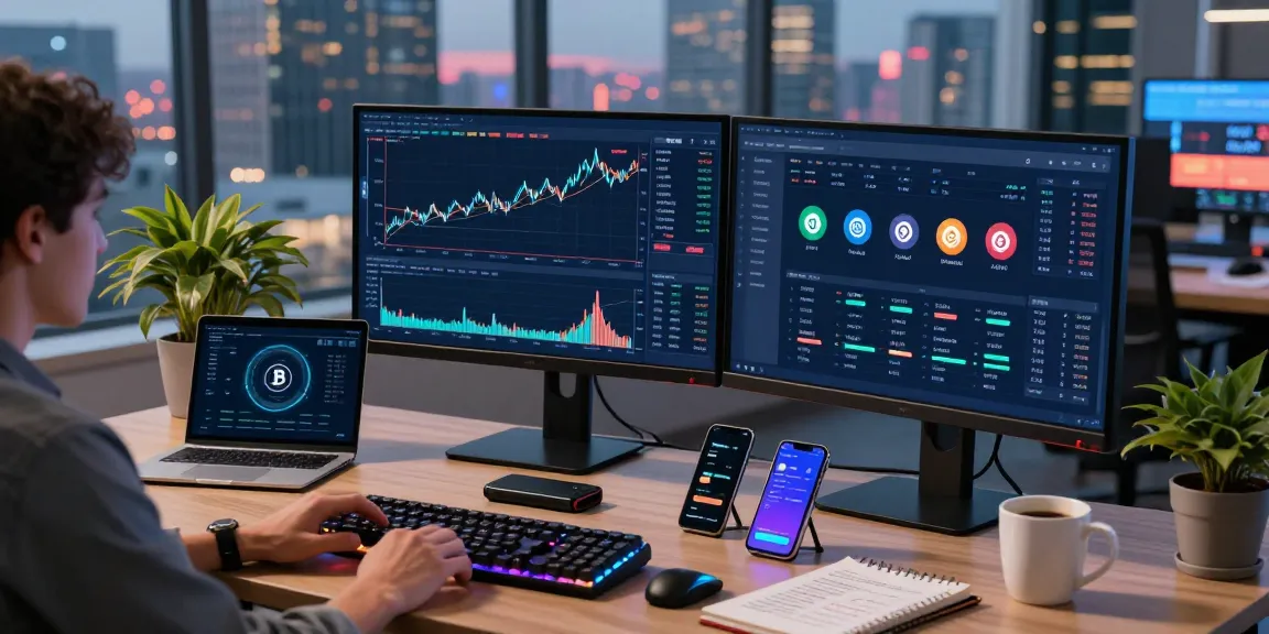 cloud mining site showcased in a modern trading workspace with cryptocurrency charts and DeFi platform displays, emphasizing technology and security.