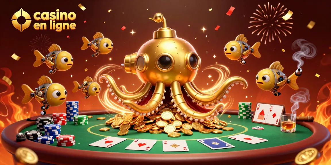 Jouez sur un casino en ligne avec un kraken sous-marin doré, des cartes de poker et des jetons colorés.