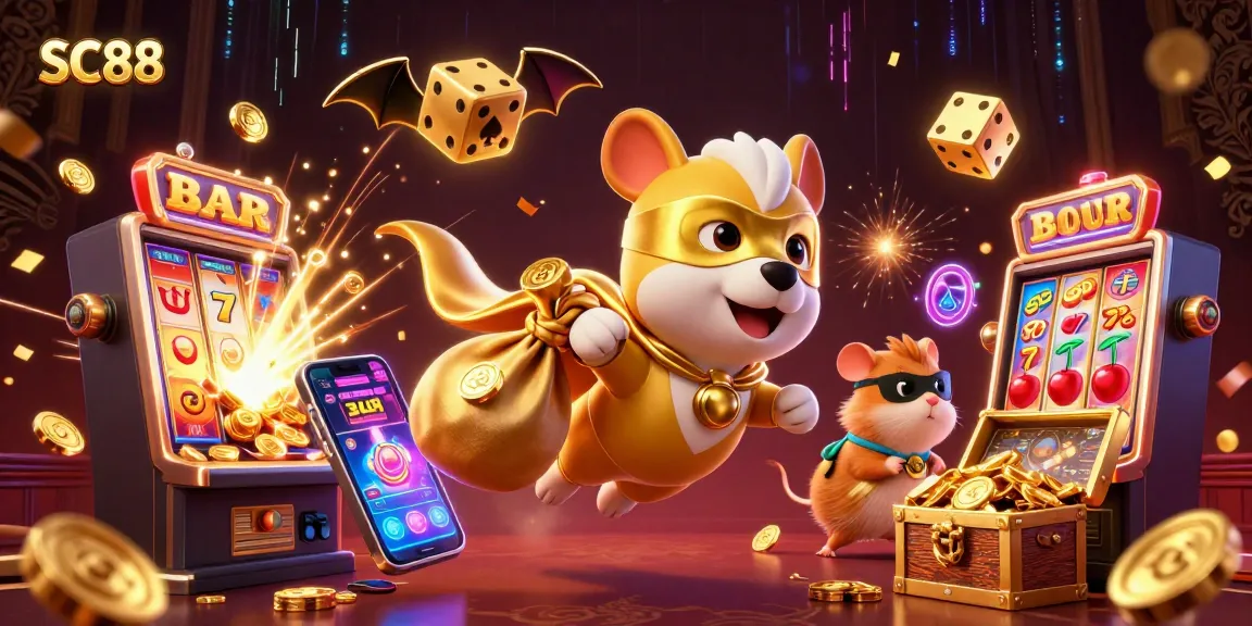 Experience thrilling jackpots and adventures with SC88's dynamic 3D casino illustration featuring playful characters.