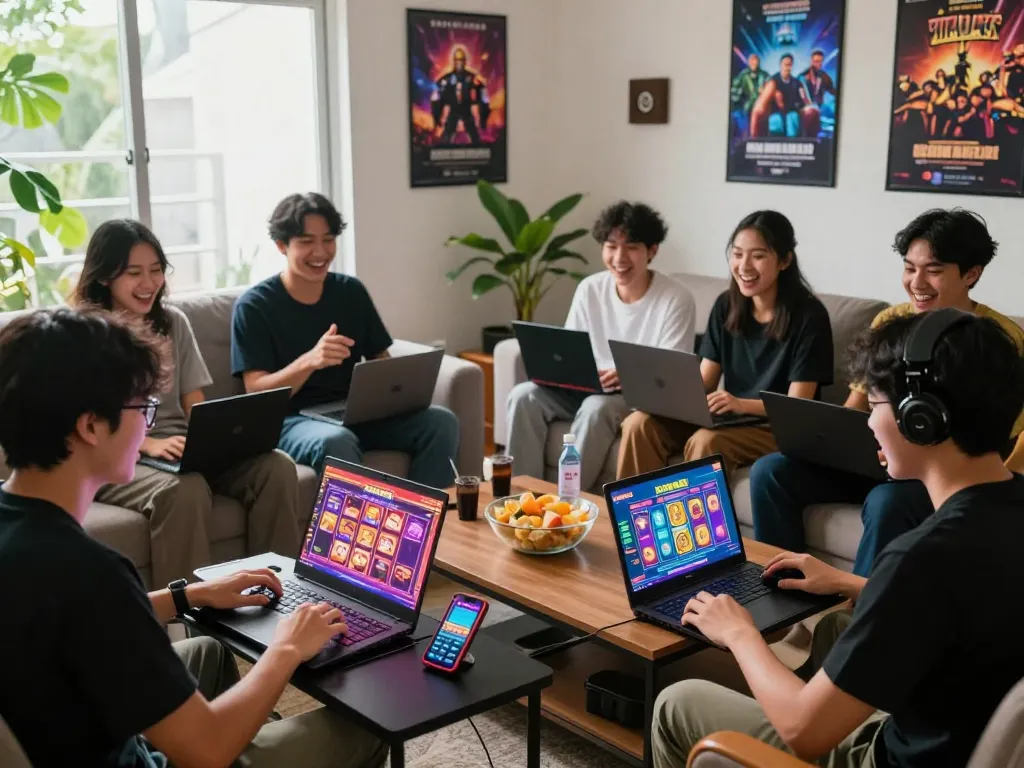 Exciting group playing slot gacor online, showcasing vibrant gaming environment and laughter.