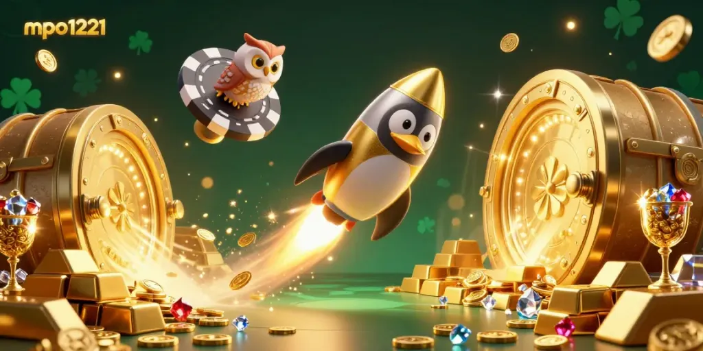 Experience mpo1221's thrilling adventure with a golden penguin racing toward a cosmic casino space station.