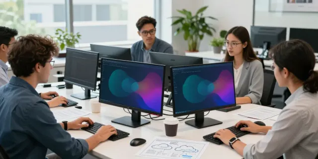 Team of cloud engineers collaborating in a modern office setting, illustrating azure managed services provider expertise.