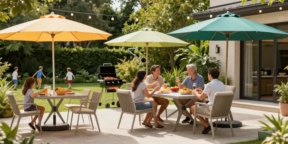 Patio furniture sale with stylish dining set and family gathering outdoors.