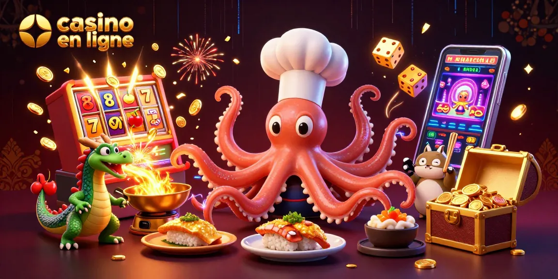 Jouez au casino en ligne avec l'illustration d'un chef sushi et un dragon inspirant des gains dorés.