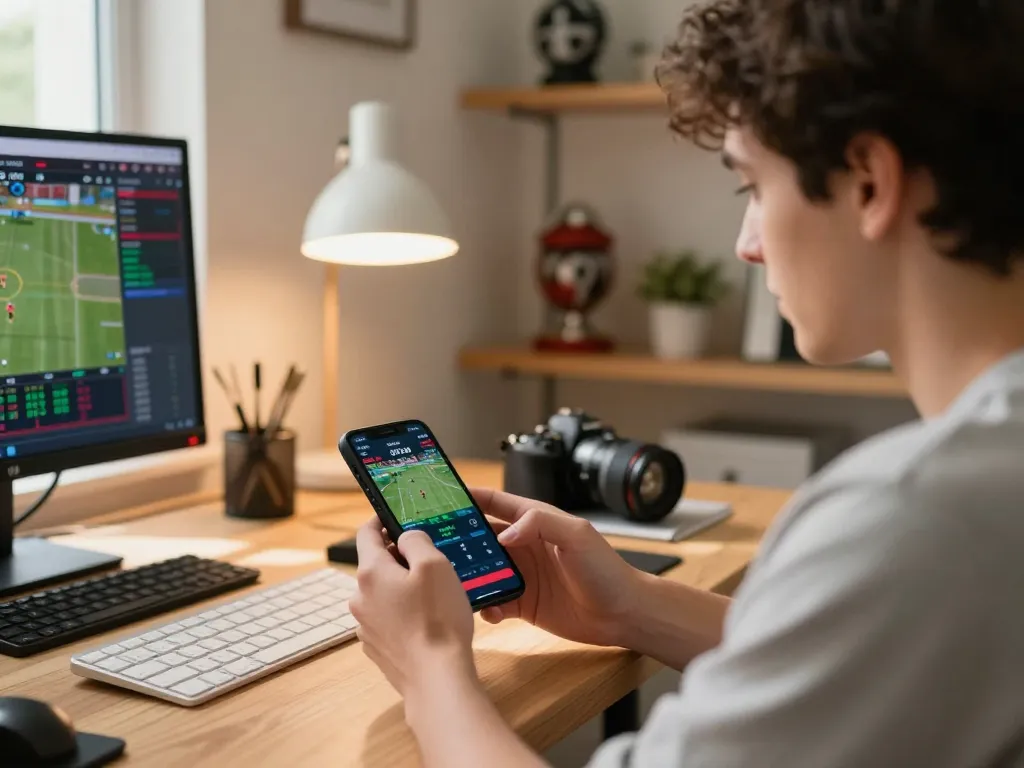 Người chơi đang phân tích tỷ lệ cá cược thể thao 12bet trên smartphone trong văn phòng tại nhà.