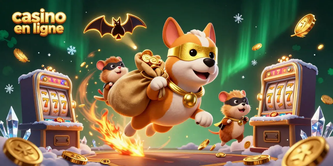 Illustration captivante avec un chien super-héros et un hamster, illustrant l'excitation du casino en ligne.