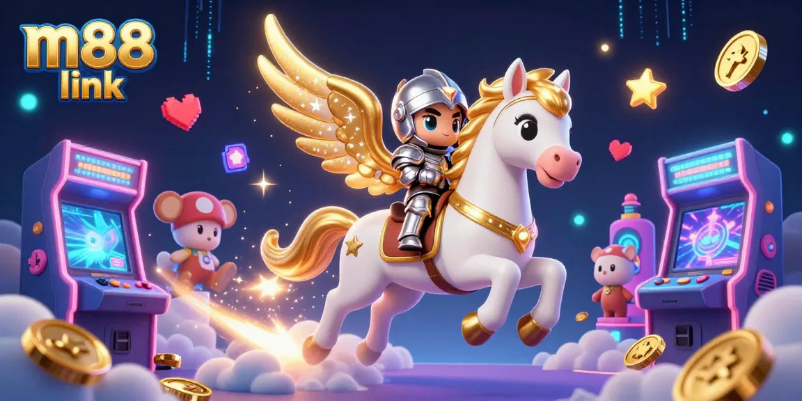 Engage with m88 link through vibrant 3D casino art featuring a celestial horse and knights.