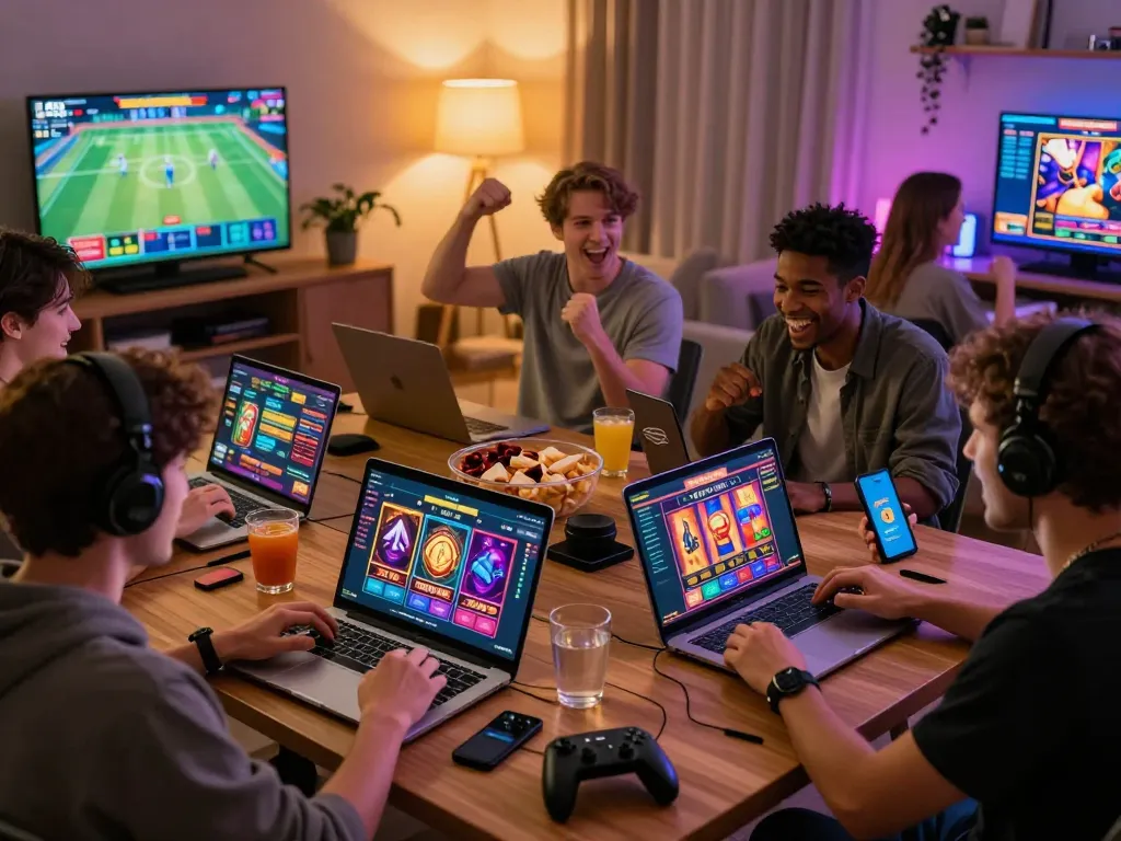 O8 online gaming scene with players engaging in diverse games, vibrant atmosphere highlighting excitement and technology.