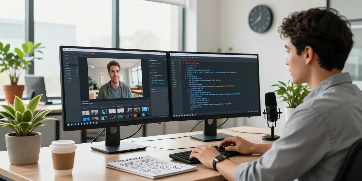 Generate accurate video prompt AI descriptions in a modern office setup with dual monitors highlighting the advanced video analysis process.