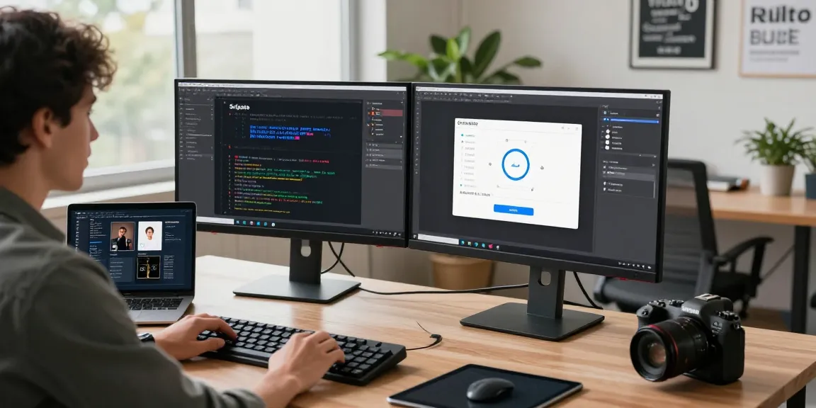 Developer using Snipaste官网 with dual monitors in a modern office.