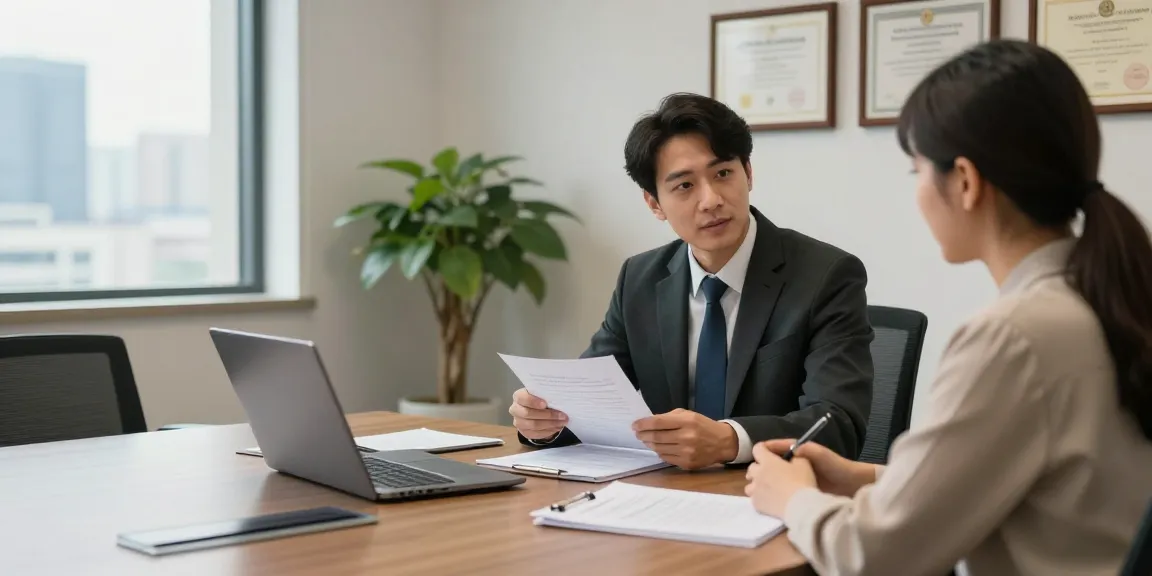 개인회생 상담 중인 변호사와 고객 모습, 법률 문서와 노트북이 있는 현대 사무실 환경.