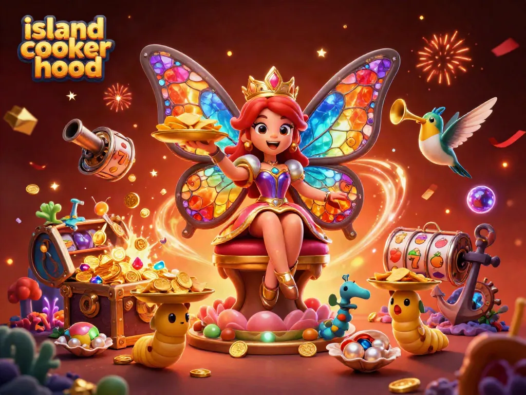 Engage with the vibrant island cooker hood standing tall in a casino-themed underwater scene filled with colorful gems and lively game elements.