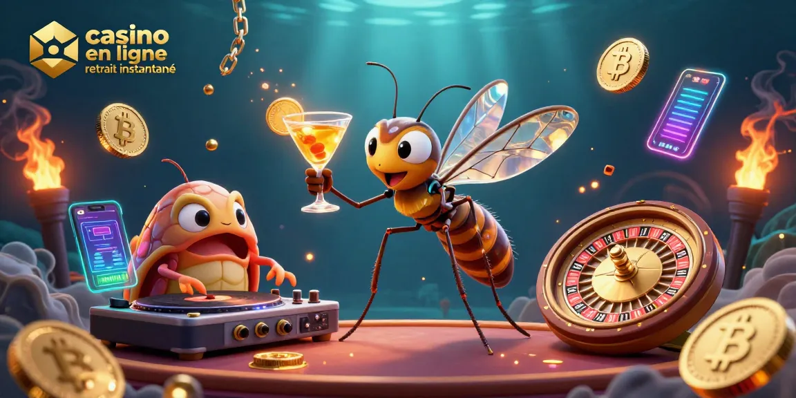 Illustration dynamique d'un casino en ligne retrait instantané avec un moustique mascotte et un DJ trilobite.