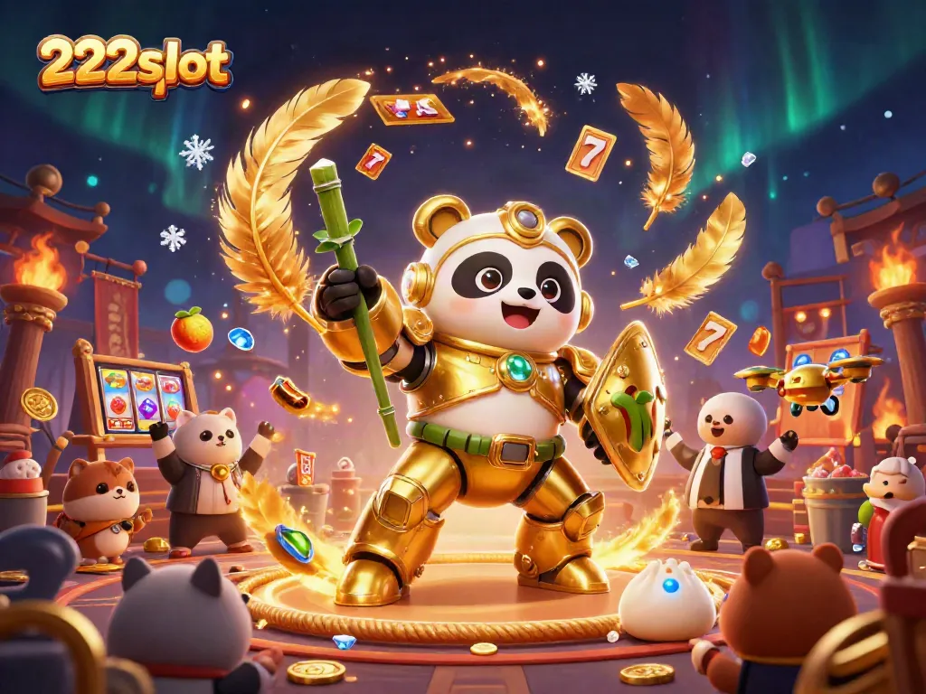 Menggoda pemain dengan pengalaman kasino interaktif di 222slot dengan panda emas dan elemen permainan.