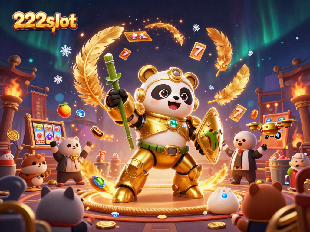 Menggoda pemain dengan pengalaman kasino interaktif di 222slot dengan panda emas dan elemen permainan.