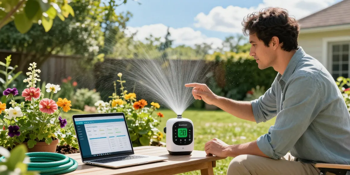 Homeowner using rainpoint water timer in a lush garden to monitor watering and plant health.