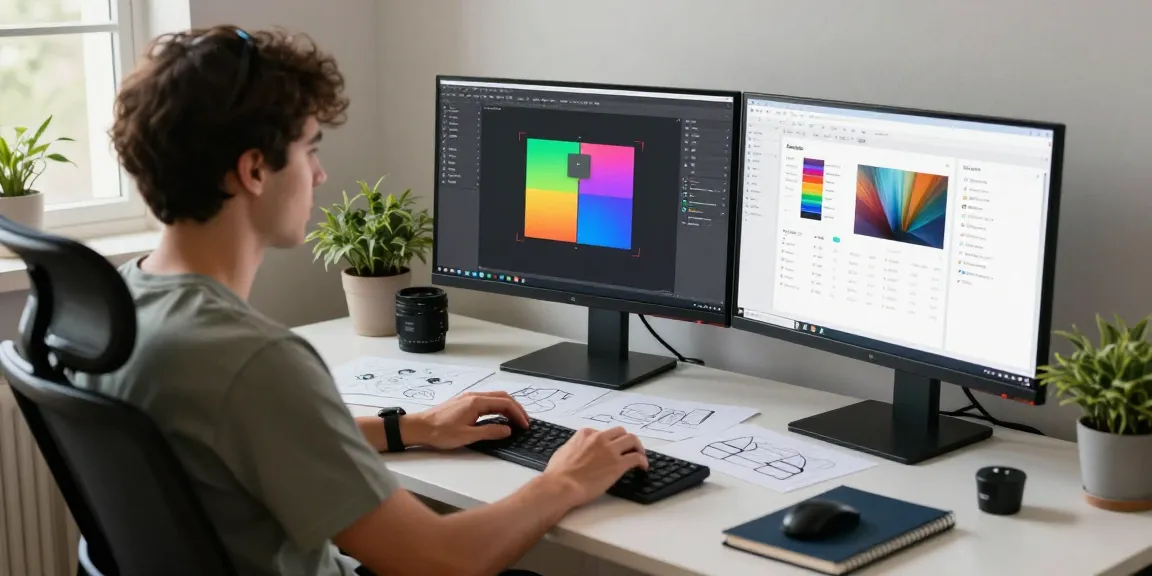 Developer using Snipaste screenshot tool on dual monitors to enhance productivity in a modern office.