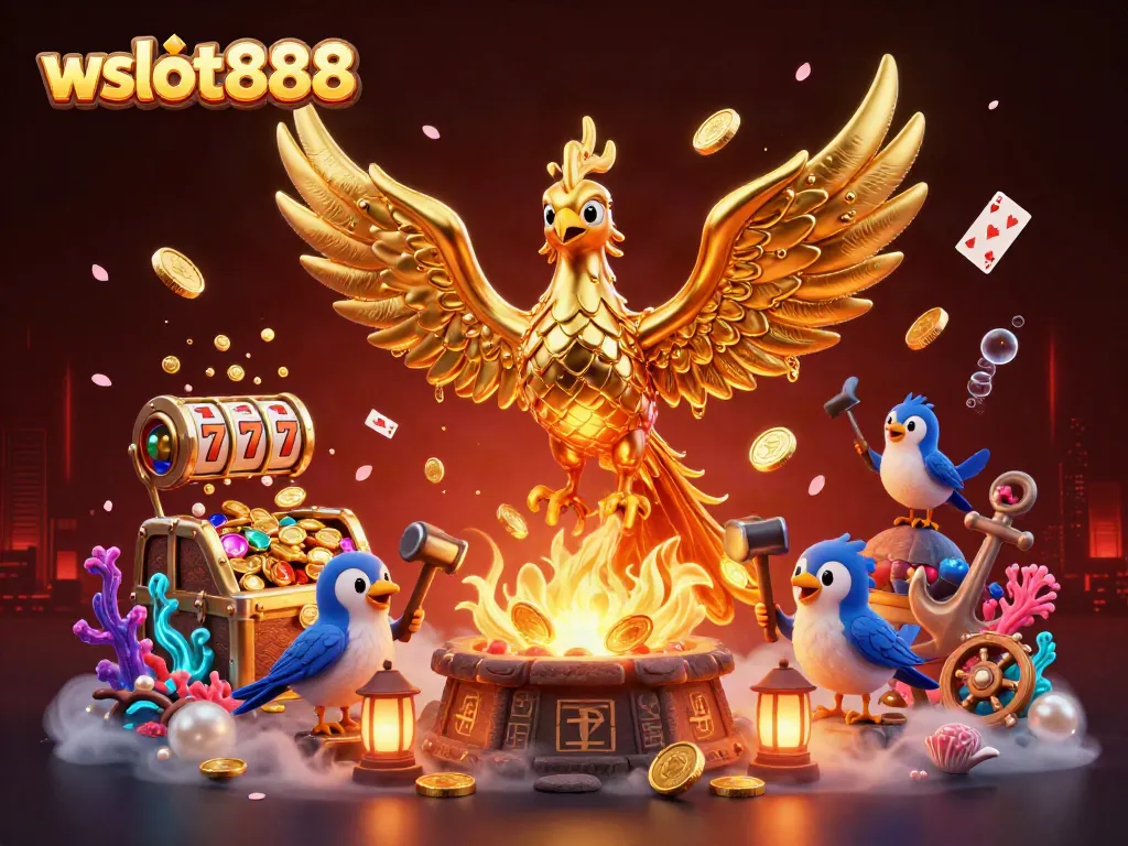 Permainan slot dengan WSLOT888, menampilkan phoenix emas dan koin mengalir, visual mengagumkan.