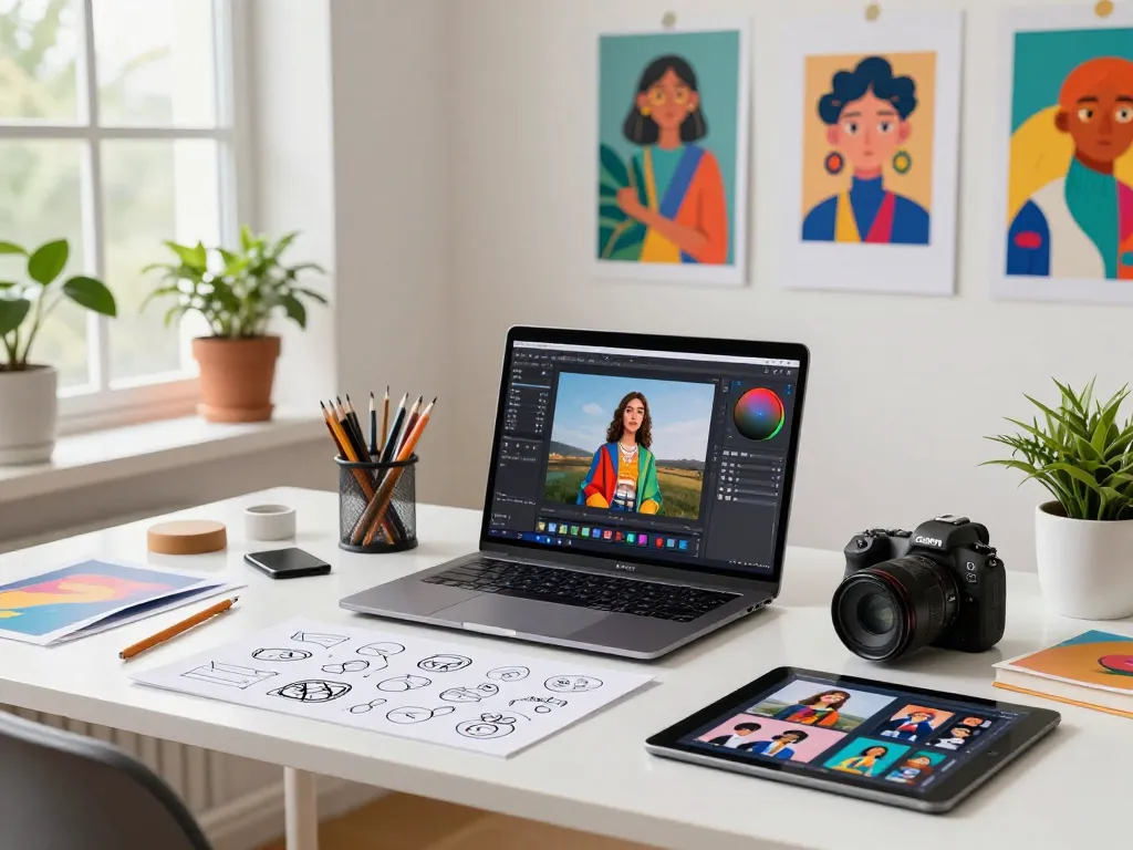 Designer creating with the Nano Banana Pro AI image editor in a bright, creative workspace.