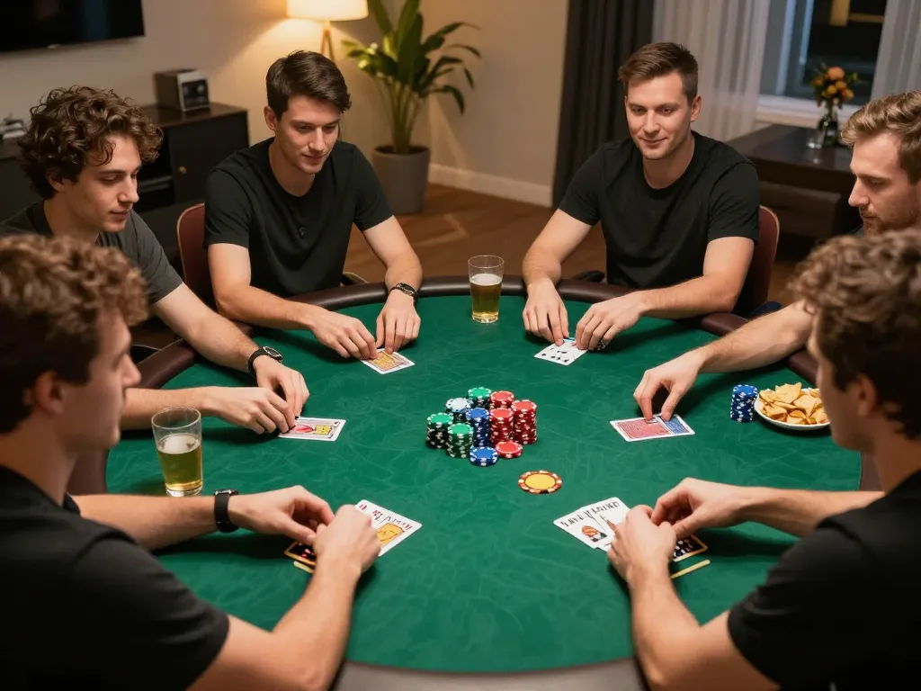 Players strategizing during a poker game at ALO8, showcasing chips and cards in an engaging home gaming atmosphere.