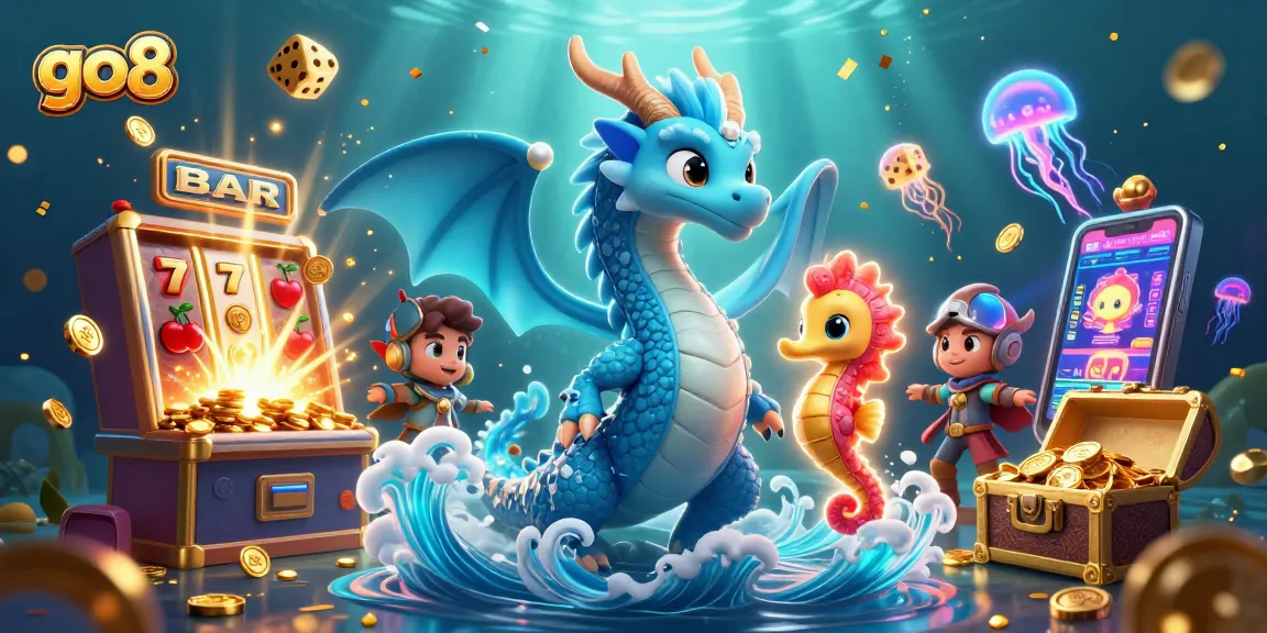 Experience thrilling action at go8 with a vibrant scene featuring a water dragon and casino games.