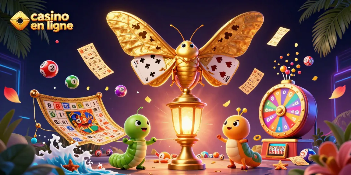 Aperçu captivant de l'univers du casino en ligne avec un papillon majestueux représentant les jeux de cartes et des éléments enjoués comme des boules de loterie colorées.