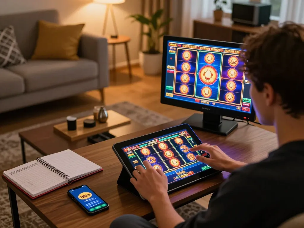 Playing an exciting slot game on the 88clb app in a cozy home setting with engaging visuals.