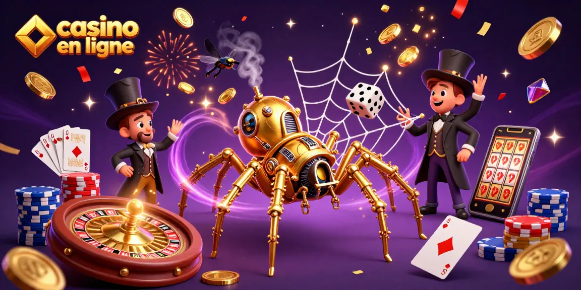 Profitez du casino en ligne avec une araignée steampunk entourée de jetons et de pièces.