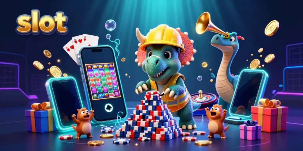 Experience thrilling slot action with a triceratops building poker chip pyramids amidst vibrant casino elements.