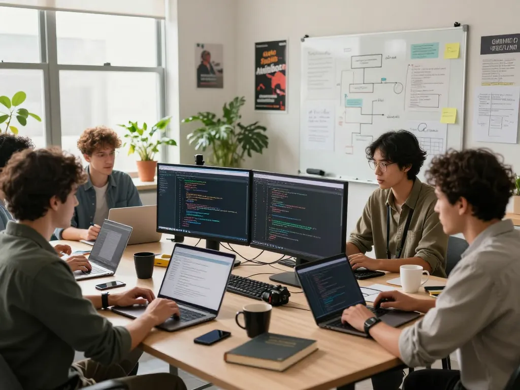 Moltbot AI team collaborating in a modern workspace with laptops and coding elements.