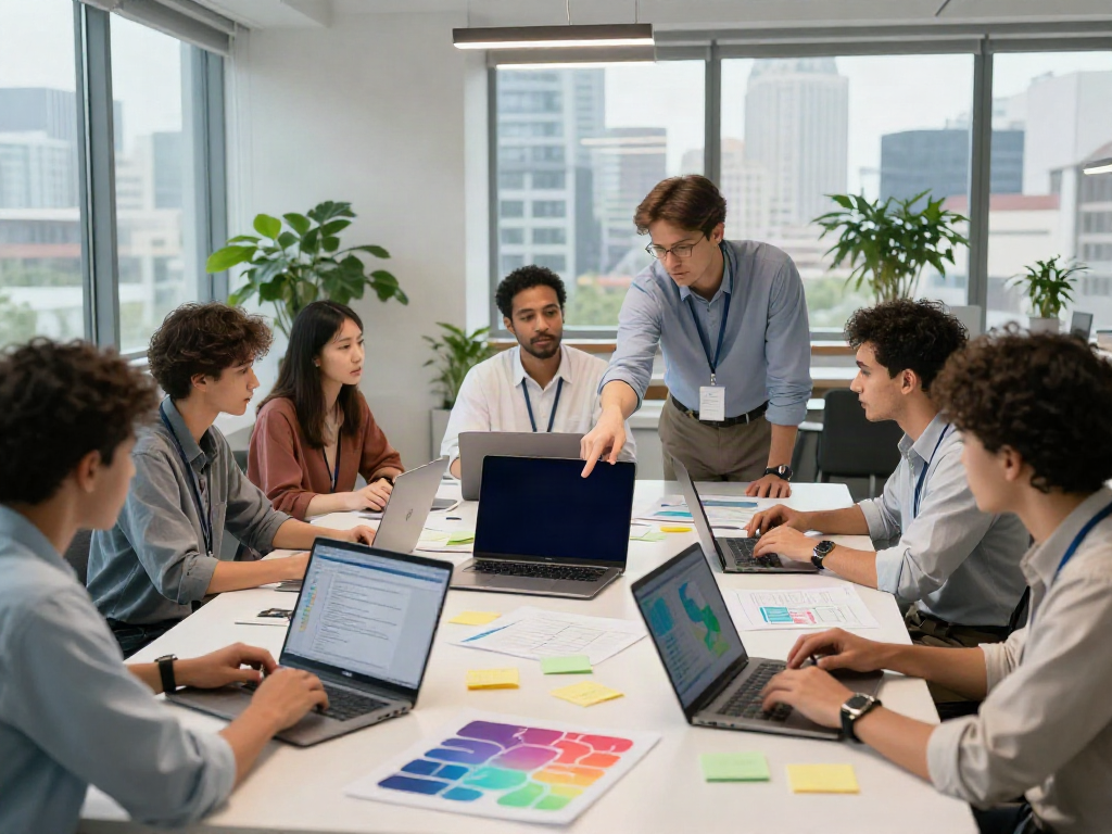 Diverse data scientists collaborating in a dataset finder workspace.